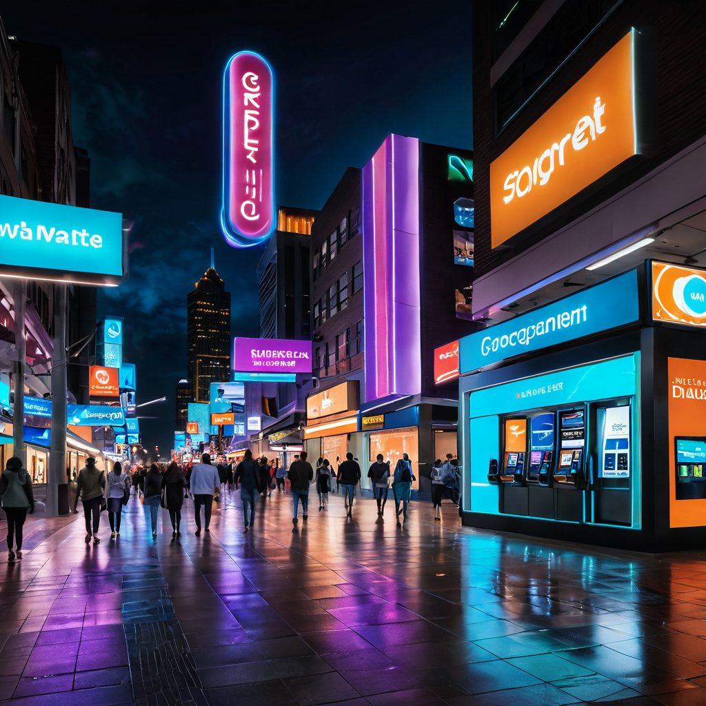 A dynamic cityscape of Georgia, showcasing modern storefronts with digital payment interfaces, bustling shoppers using innovative payment solutions like mobile wallets. Incorporate elements like a diverse group of people interacting with technology, futuristic payment kiosks, and bright neon lights symbolizing innovation and convenience. The scene should evoke a sense of progress and vibrant commerce. super-realistic. vibrant colors. 3D.