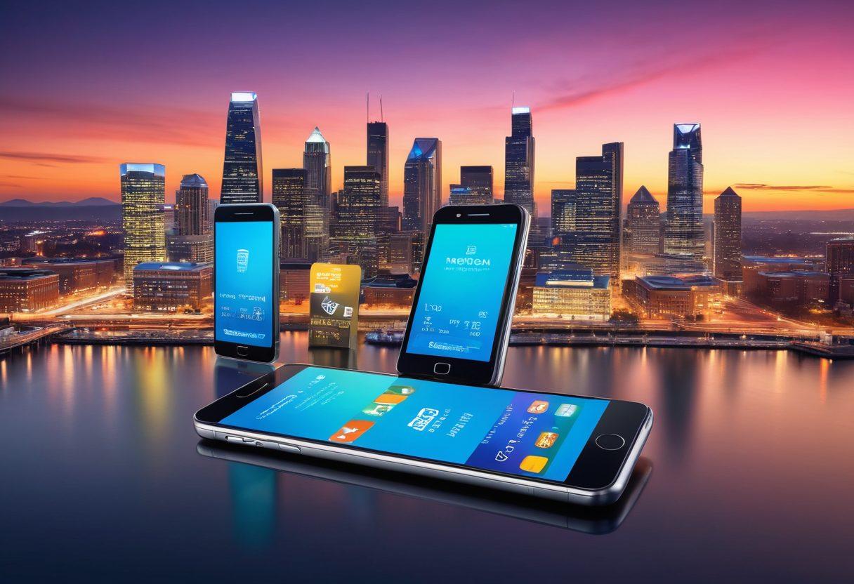 A modern depiction of a smartphone transforming into various merchant service tools such as point-of-sale systems, credit card readers, and digital wallets. The background features a skyline of Georgia with floating digital payment icons representing fintech innovation. Use bright, engaging colors to convey a vibrant payment ecosystem. The scene should evoke a sense of technological advancement and economic growth. super-realistic. vibrant colors.