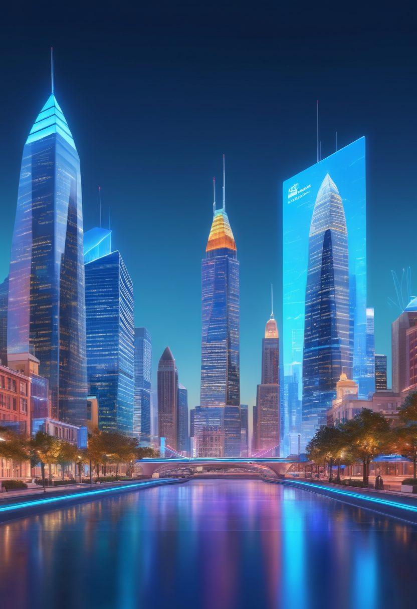 A futuristic city skyline showcasing advanced digital payment solutions, with holographic interfaces and secure transaction displays prominently featured. Incorporate elements representing Georgia's culture, such as an iconic building or landmark, while highlighting convenience and security. Vibrant colors and a clear blue sky create an inviting atmosphere, evoking a sense of progress in finance. super-realistic. vibrant colors. 3D.